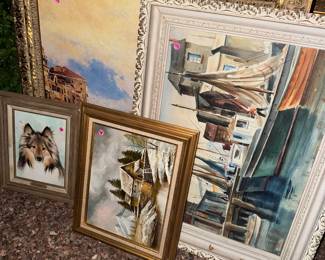 Original artworks, very nice watercolor ships painting, small framed original paintings, large framed Italian textured print 