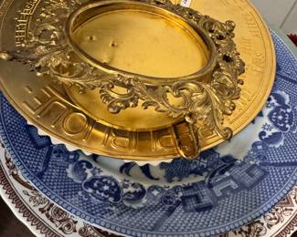Spode plates, brass frame 