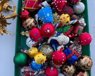 Vintage ornaments. Glass, push pin, spun silk, etc 