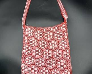 Mod Red & White Beaded Purse w/ Fringe