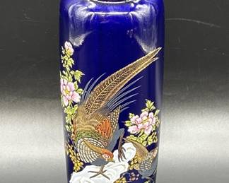 Japanese Kutani Cobalt Blue Pheasant & Flower Vase