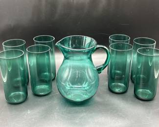 (9) Green Glass Pitcher Set: 1-Pitcher & 8-Tumbler