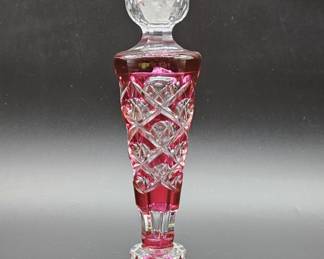 Signed Cranberry Cut to Clear Candlestick