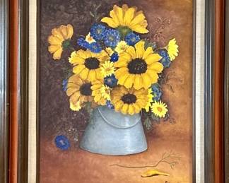 Signed Painting on Board Sunflowers in Bucket