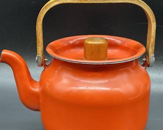 Vintage Red Enameled w/ Wood Handle Tea Kettle