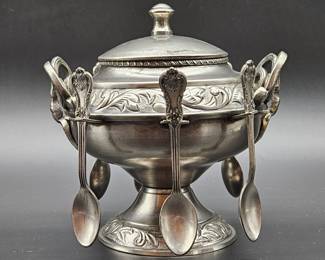 Vtg. Silver Plate Condiment Dish w/ Small Spoons