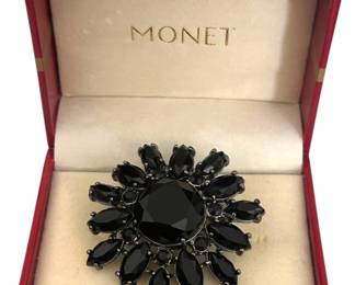 Monet Black Rhinestone Brooch 