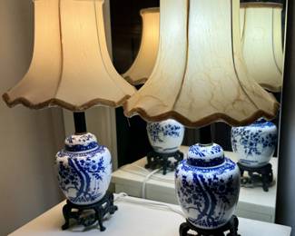 Blue & white ginger jar lamps - iron bases