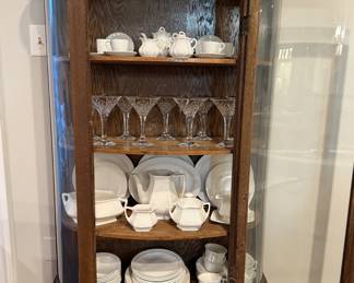 Antique bow front china cabinet - Antique Adams ironstone set - Waterford Marquis martini glasses - antique child's teaset