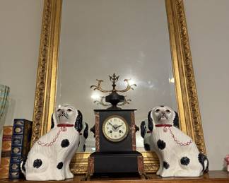 Ceramic foo dogs - Antique clock - Gilt framed mirror