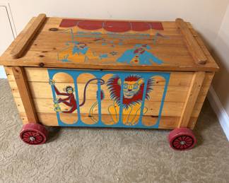 Vintage painted toy chest on wheels