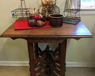 Victorian occasional table, several more pieces of wire ware
