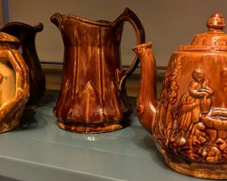 Bennington Rockingham Rebecca at the well teapot and pitchers 