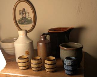 Miniature pottery barrels, inkwells, pitcher and stoneware bowls