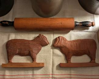 Vintage rolling pins, hand carved animals