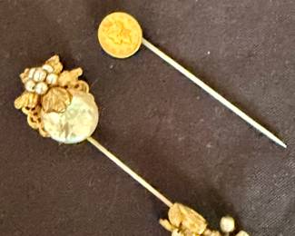 Miriam Haskell stick pin (L) and 1853 gold coin stick pin