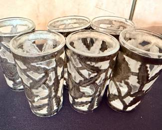 Six Mexican sterling silver overlay shot glasses