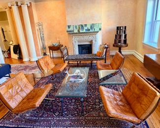 Living room with four vintage Knoll Barcelona chairs