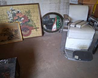 Barber chair $75. Mirror $15. Large Asian art $20