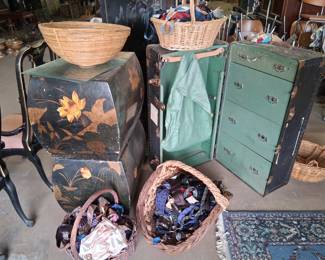 Travel trunk $25. Pair Chinese boxes $40. Men's neck ties $1 each