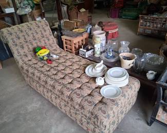 Tufted chaise $50. Royal Doulton Arabesque dishes $30