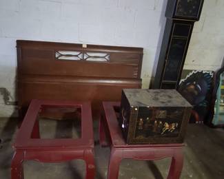 Chinese tall case clock $50. Box $20. Tables no glass $10 pair. Bed boards $20