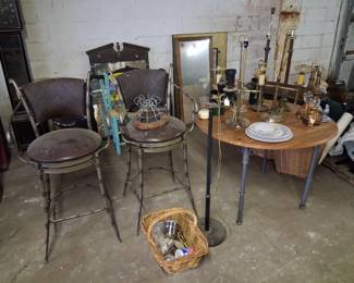 Pair bar stools $35. Stick lamps $5 each.