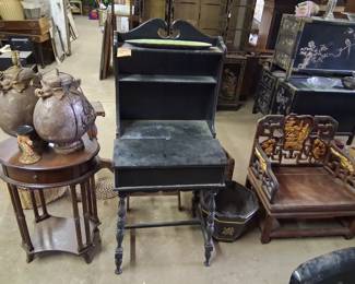 Petit black secretary bookcase $50. Oval table $20. Pair vintage lamps $20