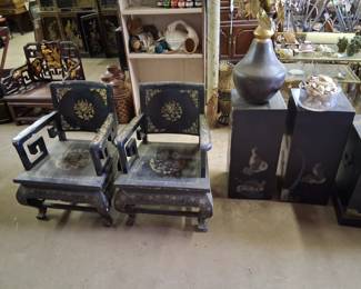 Pair chinoise chairs $100. Pair stands $30