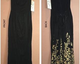 FEATURED FASHION:  black gown by Jessica McClintock with gold sparkle mini-train in back.  This velvet dress is breathtaking!  