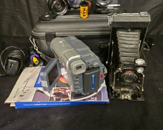 Vintage Camera, camera lenses, Kodak, Yashica, Sony Video Cam with manuel