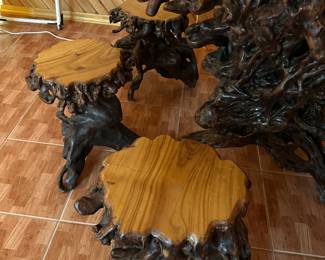 Burl wood table and stools