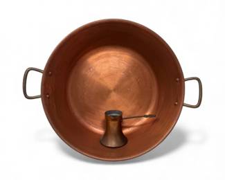 43 LargeVintageCopperJamPotwBrassHandlesSmallLadle