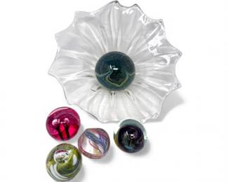 115 BlownGlassBowlwFiveMulticolorArtGlassOrbs1OrbSigned