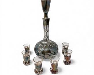 2 SilverOverlayArtGlassDecanter6ShotGlassesSet