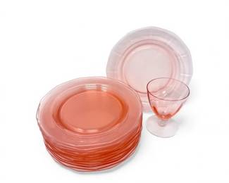 140 PinkDepressionGlassPlatesFootedGobletPeachyPink