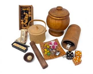 129 VintageGameTrinketSetDiceMarblesWoodBoneVessels