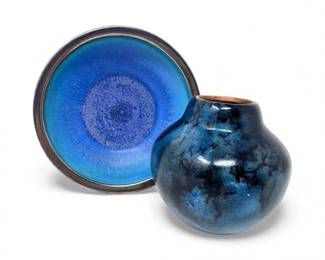 77 2PieceBlueStudioPotterySetSignedVaseDish