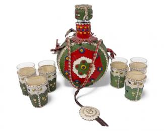 73 VintageYugoslavianPigskinFlask6GlassesHandmadeFolkArt