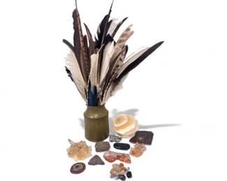 124 FeathersinCeramicVaseMixedMineralStoneCollectionOnyxBowl