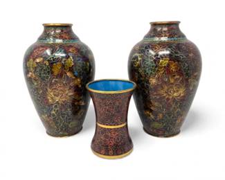 147 AntiqueCloisonnVaseTrioRichMulticolorEnamelDesign