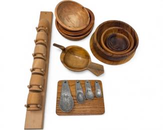 62 VintageWoodKitchenwareLotPewterSpoonsEggCupRack