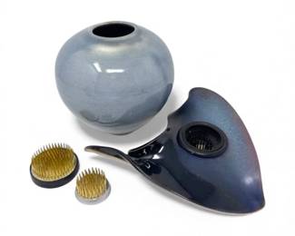 70 BlueVaseSignedbyTuttlePotteryFlowerFrog2JapaneseKenzan