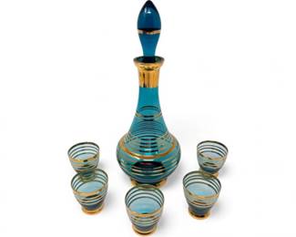 58 VintageBohemianStyleAquaGoldDecanter5ShotGlasses