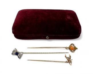 51 AntiqueGoldStickPinsDiamondSapphireCoralPearl383g