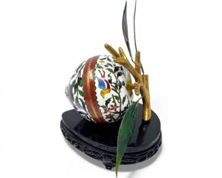 148 VintageChineseCloisonnPeachBoxonStandEnamelFlowersBirds