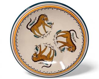 85 LargeHandPaintedServingBowlFolkArtBigCatMotif