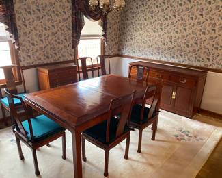 Rosewood dining set - table, 10 chairs, silverware hutch, buffet - one of a kind from Hong Kong 