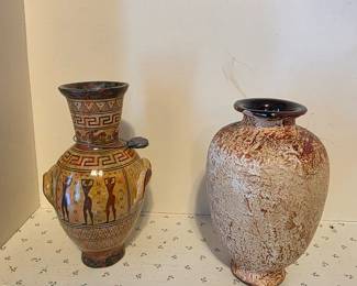 vintage Malaysian earthenware handcrafted brown and taupe glaze vase, likely a studio piece from the 1980s