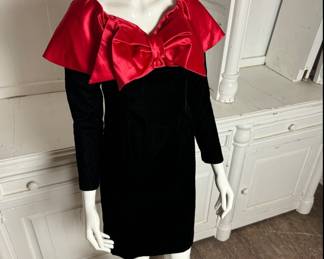 Handmade 80s Black Velvet Christmas Cocktail Dress w/ Oversized Red Satin Bow